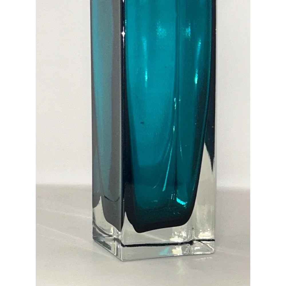 Modern Teal Sommerso Glass Vase‎ Square Green Bud Vase 8 Inch Heavy Clear Base